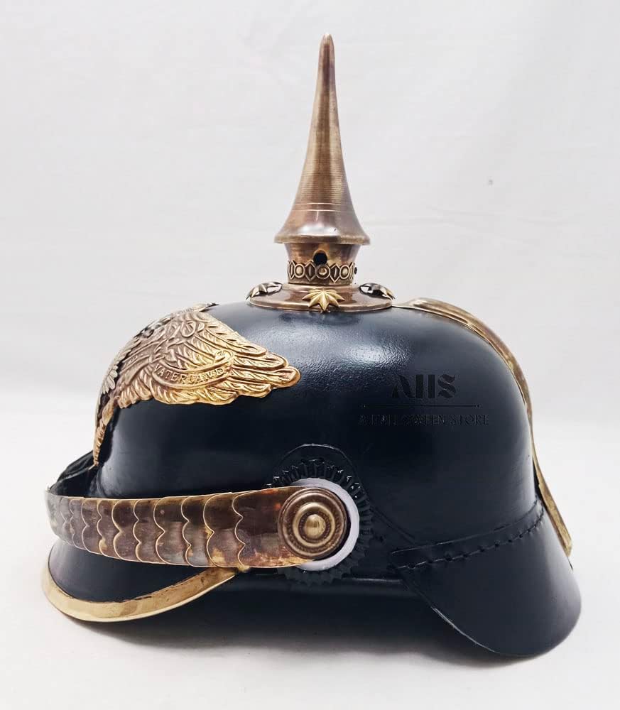 Black German Pickelhaube Helmet Leather Pickelhauben Imperial Prussian Helmet Brass Antique Military Officer Spiked Men’s Costume WWI & WWII Army Vintage Helmets Replica LARP Reenactment Cosplay Gift