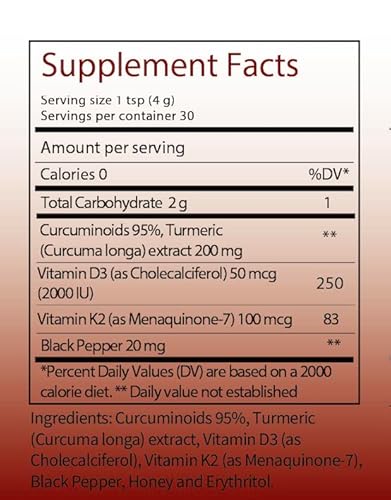 Reddy Naturals K2 + D3 Curcumin Powder | 100% Pure Organic Extract With Honey Flavor | Sunshine Supplement With Curcumin | Gluten Free, Vegan Friendly | 4.2 Oz (120 Grams) #TOP1