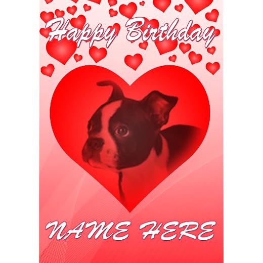 Boston Terrier valp hund hjärtan födelsedag personligt kort A5 valfri namnkod HM161