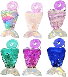 6 PCS Mini Children's Coin Purse,Glittering Mermaid Tail Sequins Zipper Wallet Pouch with Strap Crossbody Shoulder Bag for Women Little Girls