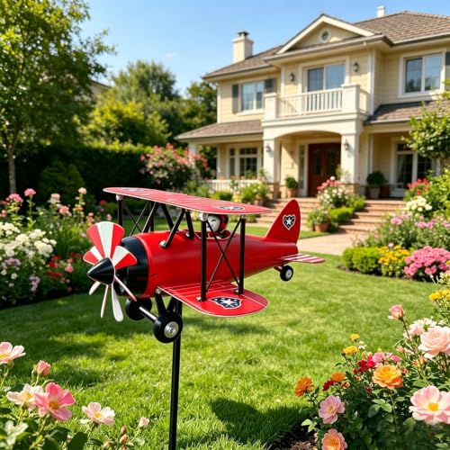 Molinillos de viento exteriores con forma de avión retro para decoración de jardín 6