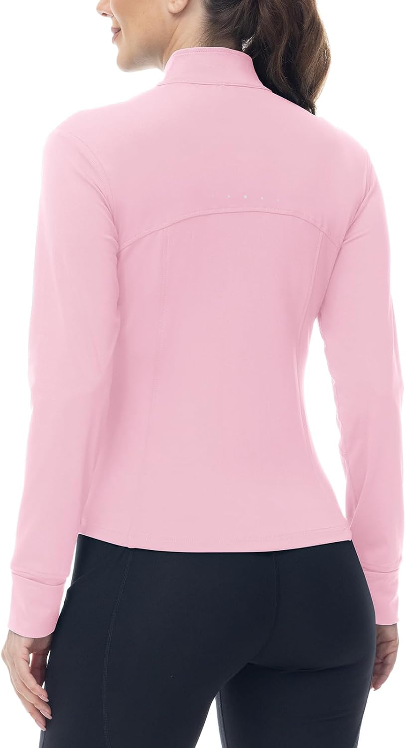 BGOWATU Women's Workout Athletic Jacket V-Neck Full Zip Running Jackets Yoga Track Tops with Pockets Thumb Hole Pink S