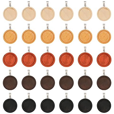 SUMERSHA 50pcs Wooden Pendant Trays Round Blank Bezel Pendant Trays Base Cabochon Setting Trays for DIY Crafting Jewelry Making Findings Fit 25mm Glass Dome Tiles, 5 Colors Cover