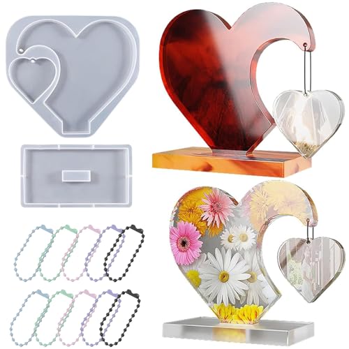 Image of 12PCS Resin Art Mould, Resin Art Kit with Moulds, Romantic Double Heart Mold with Base and Colored Bead Chain DIY Moulds Perfect for Wedding Anniversaries and Home Decor
