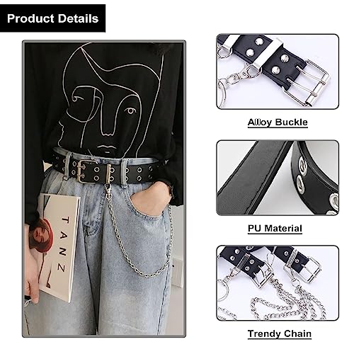 Grommet Leather Belts Y2K Punk Waist Belts Rock Niche Design Belt with Detachable Chain for Women3