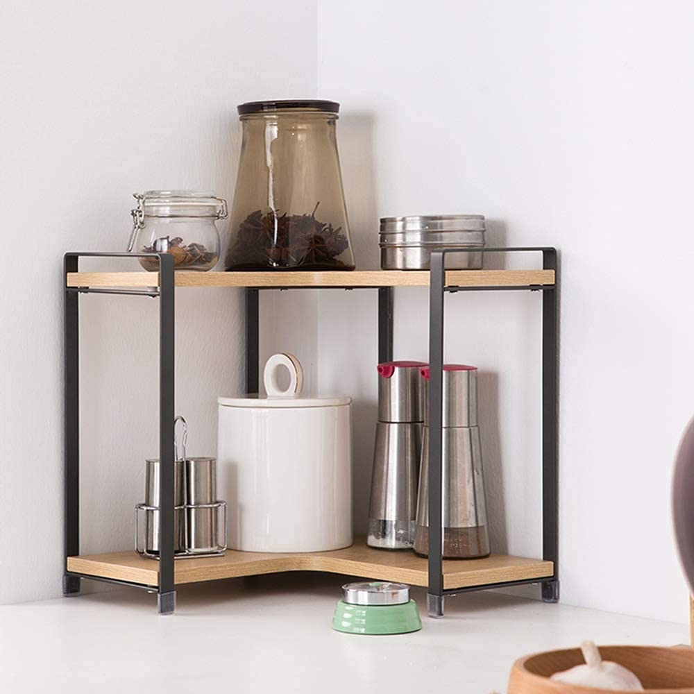 INDIAN DECOR. 299910 Wall Shelves Metal Storage Shelf + Wooden Corner 2 Layer Desktop Storage Rack Multifunction 30 * 30 * 30.5 CM