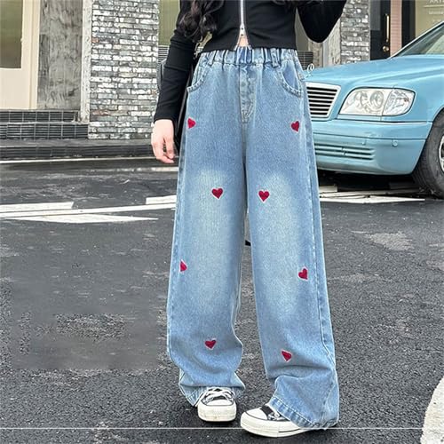 Kids Cute Heart Print Jeans Baggy Wide Leg High Elastic Waist Pants Girls Straight Leg Denim Trousers with Pokets2