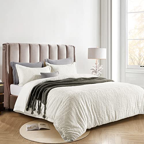 Tillyou Fluffy Duvet Cover King Set, White Ultra Soft Shaggy Comforter Set Milk Crystal Velvet Bedding Faux Fur Plush Fuzzy Comforter Cover, 3 Pieces (1 Duvet Cover + 2 Pillow Shams) #TOP1