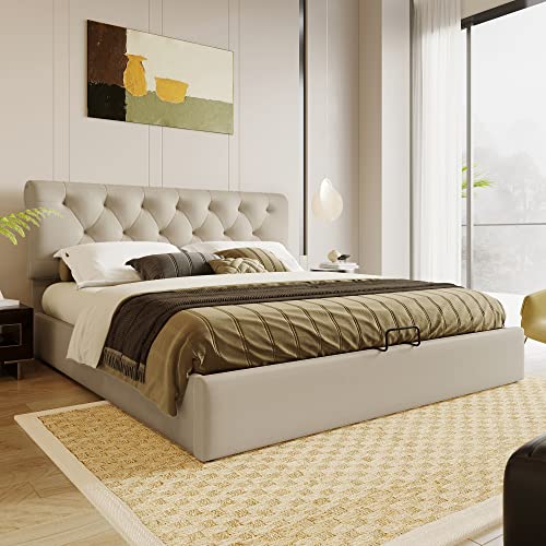 Oyemige Hydraulisch Polsterbett 140x200cm,Verstellbares Kopfteil Doppelbett, Bett mit Lattenrost aus Metallrahmen, Modernes Bettgestell mit Stauraum,ohne Matratze (140X200CM-ohne Matratze)