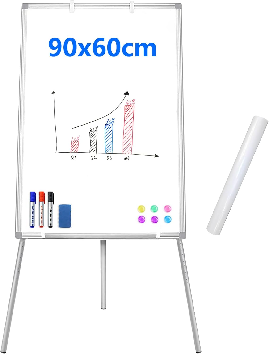 Stand Whiteboard, Magnetic Dry Erase Board with Easel, Foldable Adjustable Height Tripod, Suitable for Office, Home, Classroom, Includes Accessories and Whiteboard Paper (25 Sheets), 90x60cm