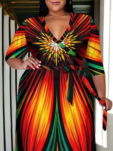 Image of SUZONANA Plus Size Maxi Dresses for Curcy Women Casual Loose 3 /4 Sleeve Long Dress with Belt