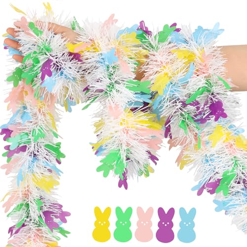 FOIMAS 33FT Easter Tinsel Garland, White Metallic Twisted Hanging Garlands with Colorful Bunny Confetti Spring Hanging Garland for Easter Party Wreath Tree Indoor Outdoor Decor
