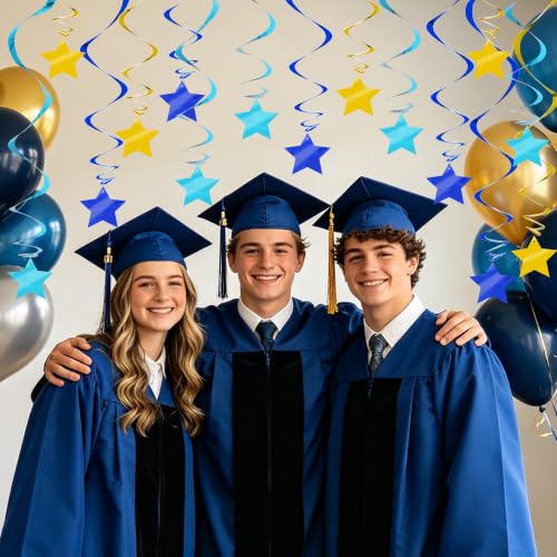 Image of BEISHID Blue Gold Stars Hanging Swirls Pre-Strung Stars Hanging Decorations for Baby Shower Retirement Bachelor Men Birthday Graduation Decorations Supplies,Pack of 15