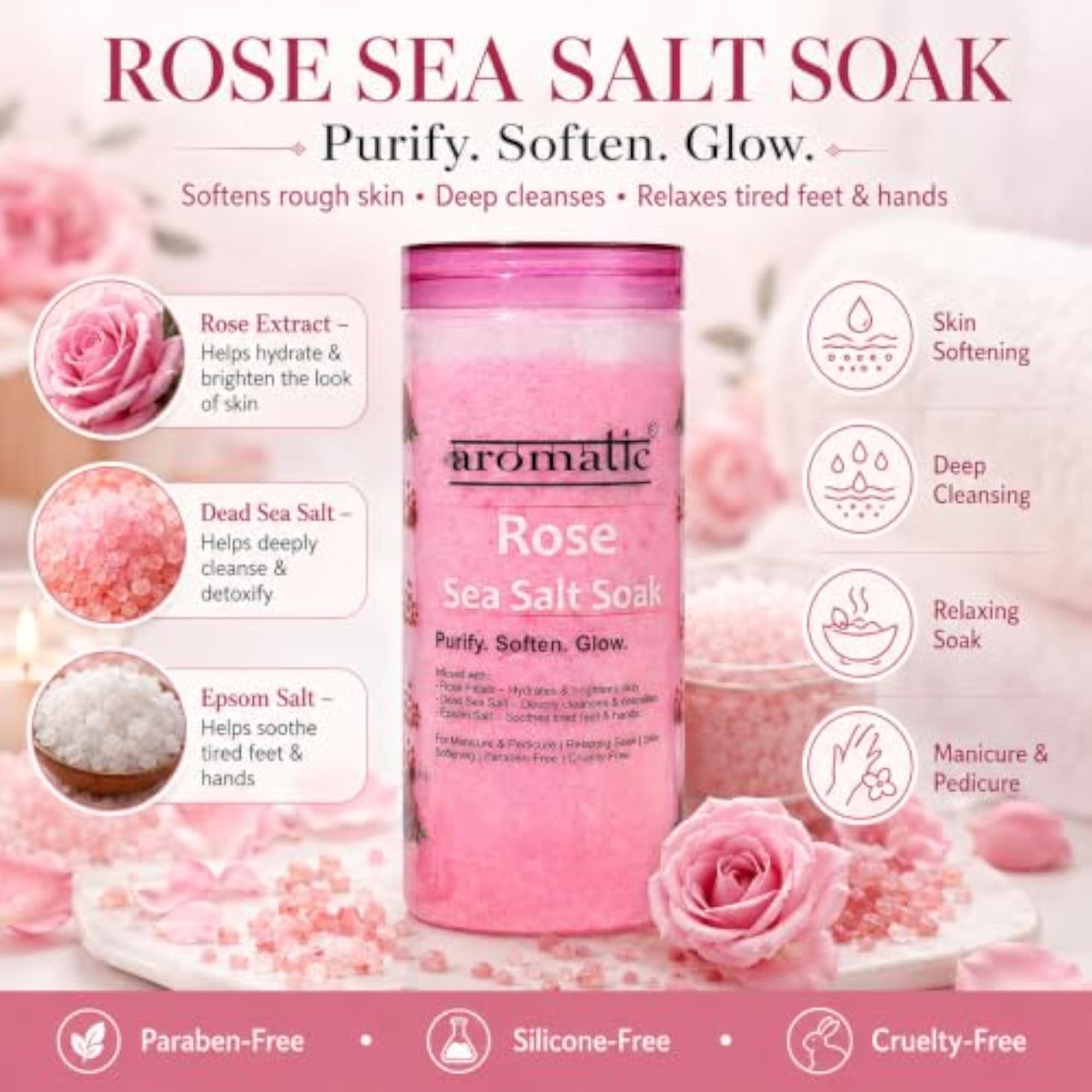 Rose Sea Salt Soak for Manicure & Pedicure, Deep Cleansing