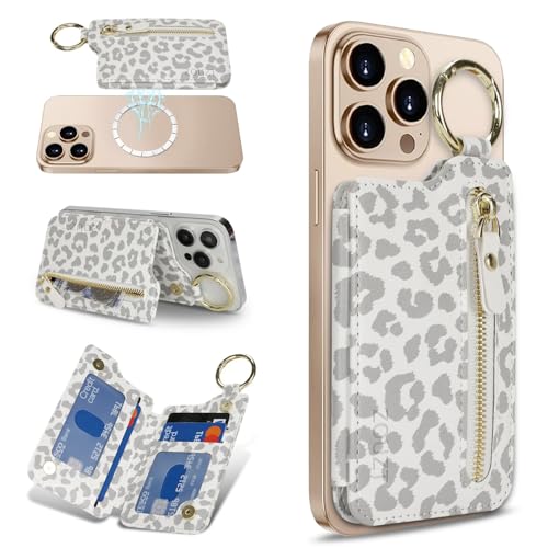 Zouzt für MagSafe Wallet Magnetischer Handy Kartenhalter Reißverschluss Zipper Wallet mit verstellbarem Ständer Ring Schlüsselanhänger for iPhone 16 Pro Max/16e/16/15/14/13/12 Weisser Leopard