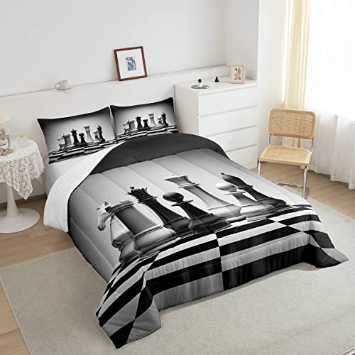 Image of Feelyou International Chess Comforter Set Chess Board Bedding Set for Kids Boys Teens Cool Games Comforter Geometric Grid Quilt 1 Comforter Set with 2 Pillowcases Queen Size Boys