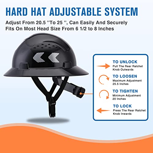Full Brim Vented Hard Hat Safety Helmet 4 pt Hard Hats Construction OSHA Approved Cascos De Construccion Hardhats for Men Worker Type I Class C Hardhats (Black,1-Pack)