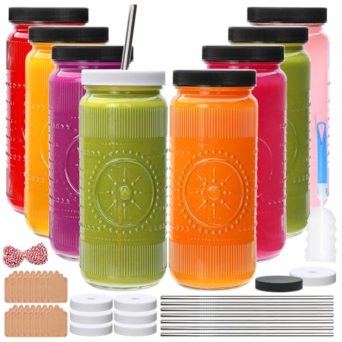 Encheng 16oz Glass Juice Bottles,Reusable Juicing Bottles with Lids and Straws,Vintage Juice Containers Glass Smoothies Jars for Kombucha,Drinking,Water, Iced Coffee,Party,Travel,8 Pack