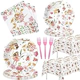 Xigejob Fairy Party Decorations Tableware for Birthday Baby Shower, Flower Enchanted Forest Garden Theme Fairy Birthday Party Supplies, Paper Plate, Napkin, Tablecloth, Disposable Fork, Serves 24