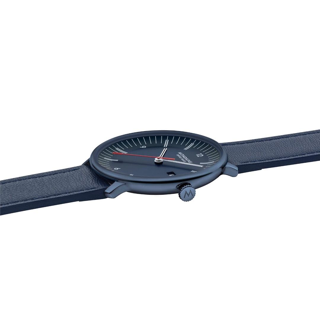 Mondaine Doppio zegarek męski 41 mm – szwajcarski mechanizm kwarcowy, niebieski cyferblat, szkło szafirowe, wodoszczelny, stal nierdzewna z recyklingu, wegańska bransoletka ze skóry jabłkowej