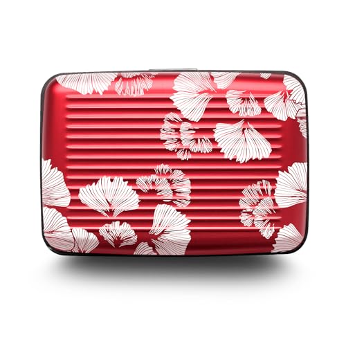 Image of OGON -DESIGNS- Aluminum card holder, RFID protection against fraud and demagnetization, compact wallet, Smart Case STOCKHOLM model (Engraving Ginkgo, Extra-secure lock)