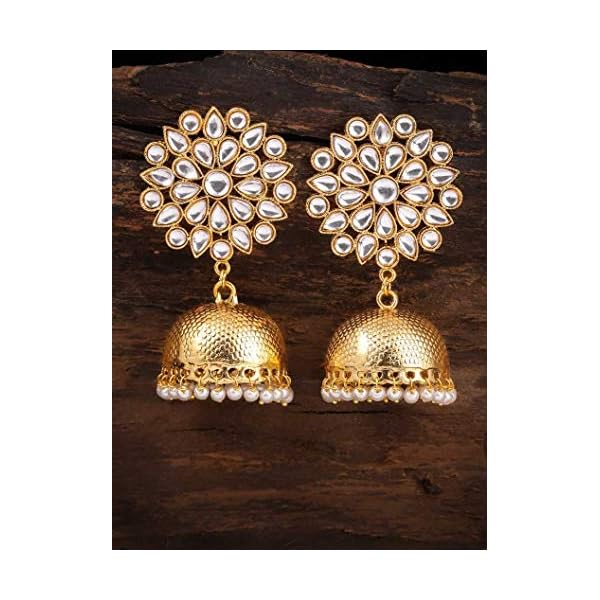 Vanee Ethnic Gold Plated Kundan and Pearl Drop Jhumki Earring For Women CJ100132WH - Image 4
