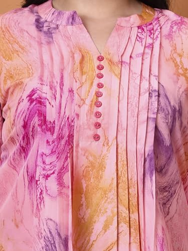 Image of Yash Gallery Women's Wrinkle Free Printed Short Kurti Mandarin Collar with Pintuck Pleats 3 /4th Sleeve