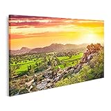 islandburner Bild auf Leinwand Hampi Tal Indien Blick auf Reisplantage Top Hanuman Affentempel Hügel Sonnenuntergang Karnataka Wandbild Leinwandbild Bilder für Wohnzimmer GCKS-1K