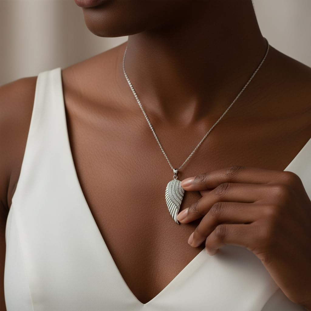 Jewelili Sterling Silver Angel Wing Pendant Necklace for Women | 1/10 CTTW Natural White Round Diamonds | 18" Rolo Chain | Luxury Jewelry Gift for Her | Gift Box Included