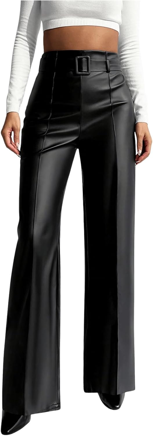 Floerns Women's PU Leather Straight Leg Pants High Waisted Belt Casual Trousers