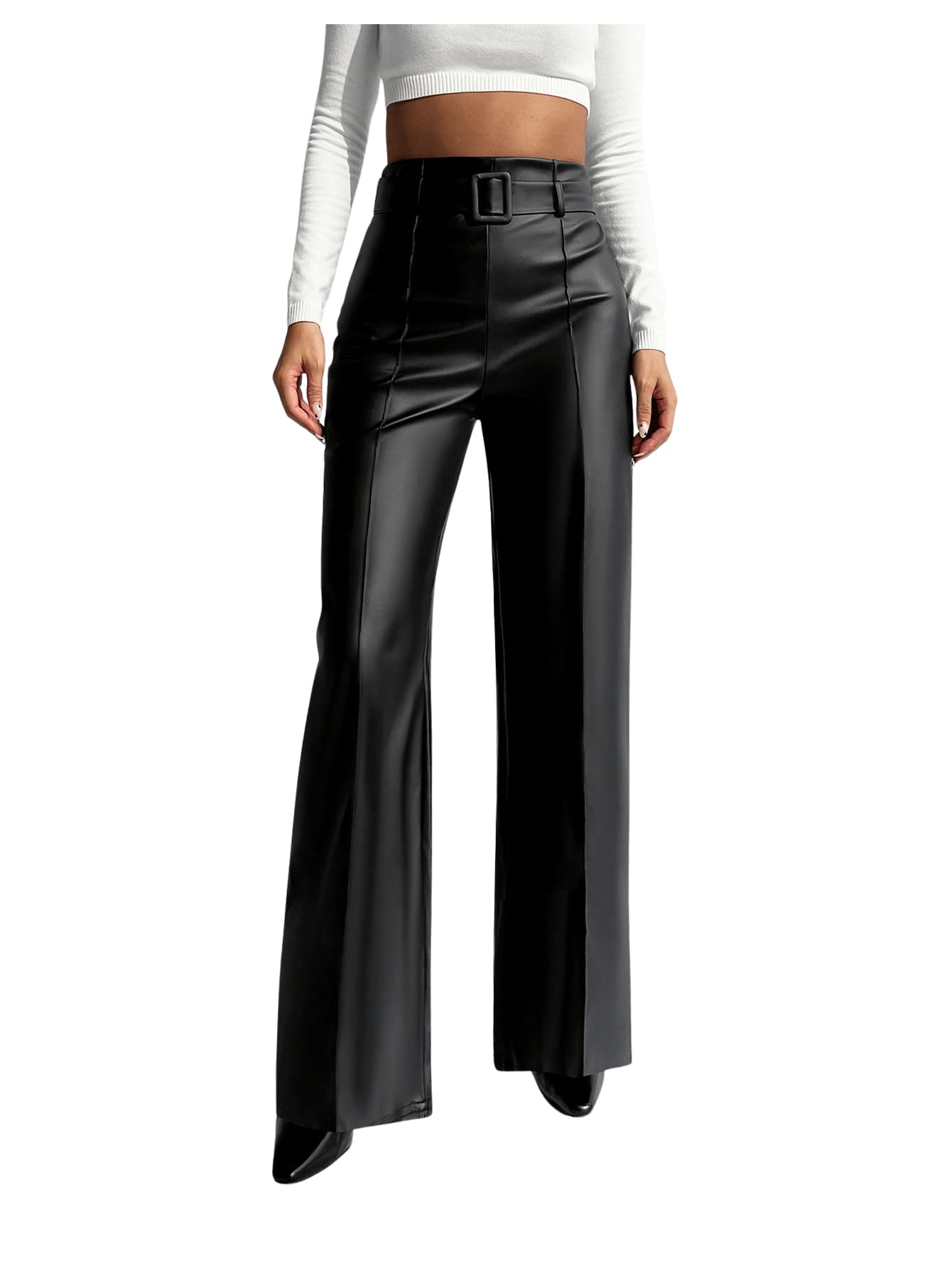 Floerns Womens PU Leather Straight Leg Pants High Waisted Belt Casual Trousers