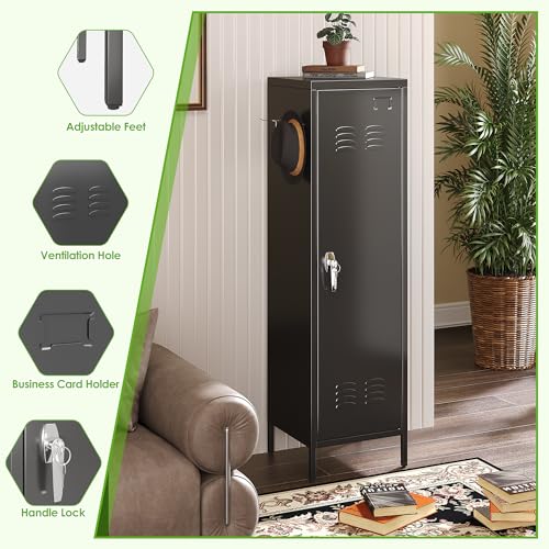 Image of SUPEER 1-Door Metal Locker with Lock, Pegboard, Hooks and Hanging Rod | 15 inchW x 15 inchD x 54.45 inchH steel locker with 2 pegboards, 5 hooks, an interior hanging rod and required assembly.