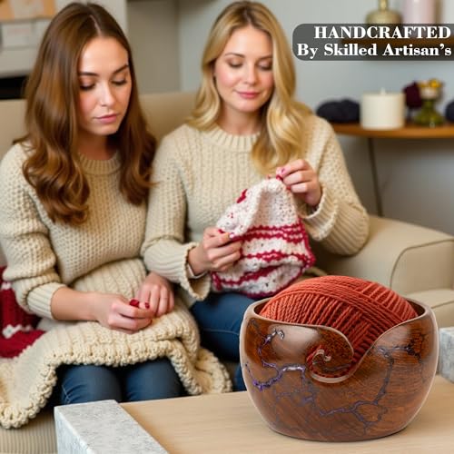 Image of Wooden Yarn Bowl for Crocheting, 7x4 inch Large Crochet Holder Gift Accessories and Knitting Gadgets Supplies Handcrafted with Fractal Wood Burning & Purple Resin Inlay ( Purple 7x4 )