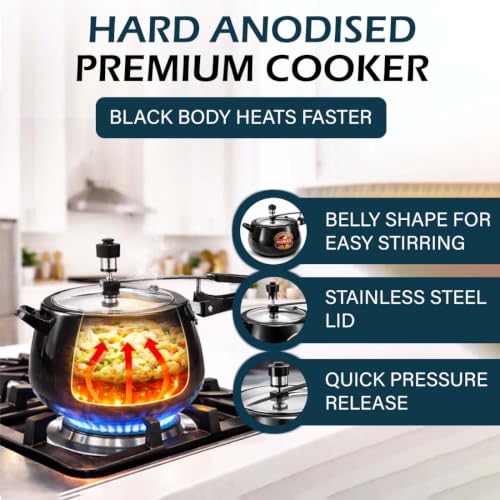 Image of Marlex Contura Aluminium Hard Anodised 3 Litre Pressure Cooker With Stainless Steel Inner lid - Induction Base cooker, ISI Certified, 5 Year Warranty, Corrosion-Resistant Durable Black Cooker