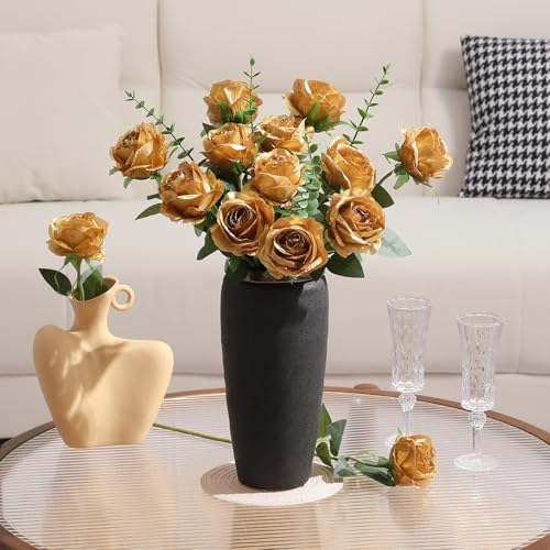 Image of Tifuly 12 PCS Rose Artificial Flower, Single Stem Fake Flowers Bridal Wedding Bouquet, Realistic Blossom Flora for Home Garden Party Hotel Office Decorations (Golden)