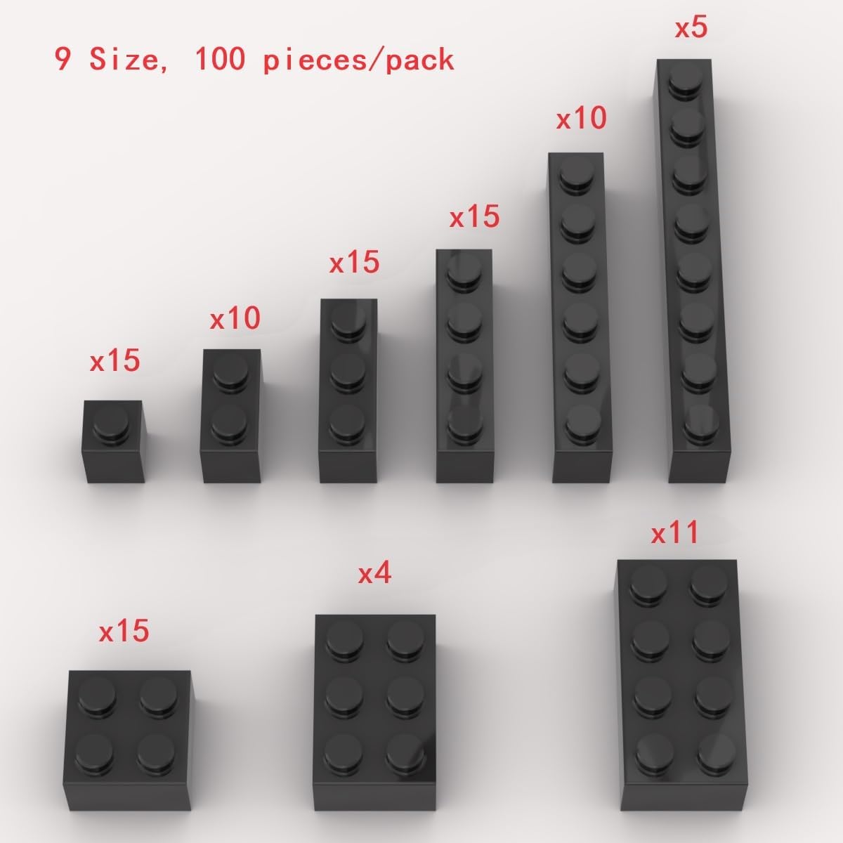 100 Piece Black Bricks Bulk Assortment Pack, 9 Size Black Classic Building Blocks Bricks, Compatible with Lego Parts and Pieces(Color: Black)