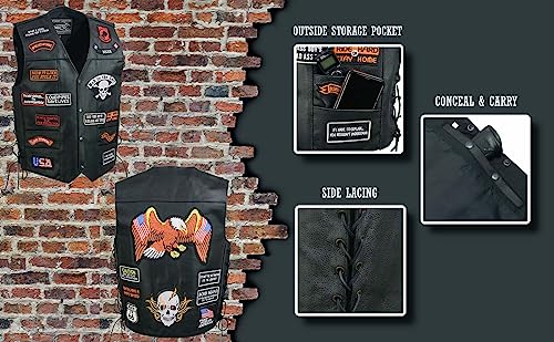 ELM3920 Men's Black Leather Pre-Patched Bikers Vest w/ 6 Pockets - 23 Patches and Side Laces2