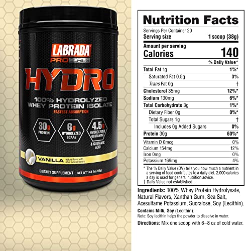 Labrada HYDRO 100% Pure Hydrolyzed Whey Protein Isolate Powder, Lactose free, 6g BCAA’s, 4.5g Glutamine, Fastest Digesting Whey Available, Instant Mixing, Delicious Taste 20 Servings (Vanilla)