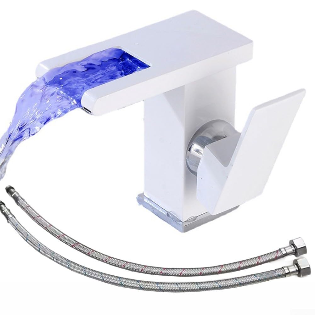 SOHNVWTGD LED Waterfall Faucet Waterfall LED Faucet, Deck Mounted Washbasin Tap, Solid Brass Construction(White)