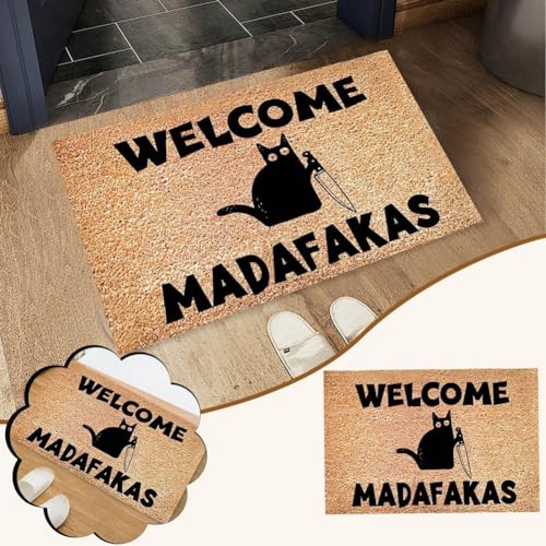 Wanjorlay 1 Stück „Dark Cat Welcome Madafakas“-Fußmatte mit Volldruck, Heimdekoration, Küche, Badezimmer, Dekoration für Menschen, Lustige Geschenke, Lustige Fußmatte