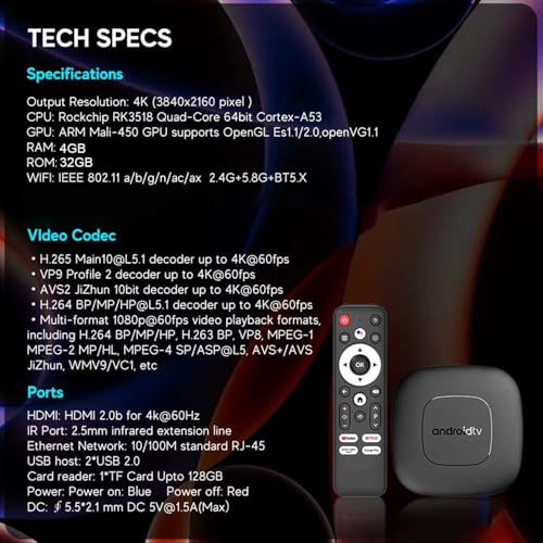 Image of 4K Android TV Box with HDR Video Playback Support, 4GB RAM+32GB ROM Built-in Chromecast Android Version 16, Rockchip 3518 Processor Smart OTT Box (Black, Mini Size, Google Assistant Working)