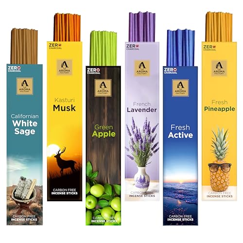 Image of The Aroma Factory Premium Incense Sticks for Pooja | Set of 6 Fragrances Gift Pack (Lavender, Musk, White Sage, Fresh, GreenApple, Pineapple) 120 Agarbatti (6 x 20 Sticks Each)