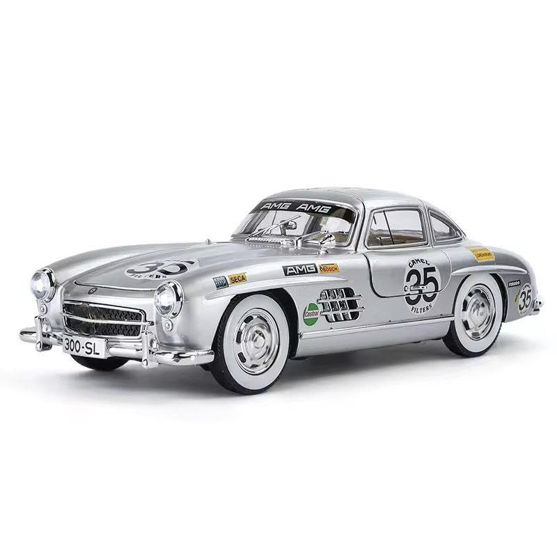 Image of 1:24 Scale MER-CEDES Ben-Z 300SL Die-Cast Metal Car with Sport car Openable Doors Light and Sound,Pull Back Function Indoor Outdoor Toy for Kids (Silver-Printed)