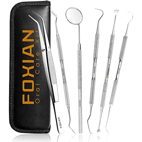 FOXIAN Professional 6 Pcs Oral Plaque Remover for Teeth Stainless Steel Tooth Picks Tartar Cleaner for Teeth Whitening & Oral Care Kit for Men Women Pets in Leather Pouch (6 Pcs) Cover