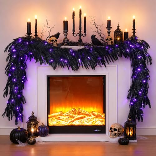 N&T NIETING 8.9FT Black Halloween Pre-Lit Garland with 70 LED Lights Real Touch Artificial Norfolk Pine Garlands for Table Fireplace Holiday Indoor Outdoor Halloween Decorations (1 Pcs)