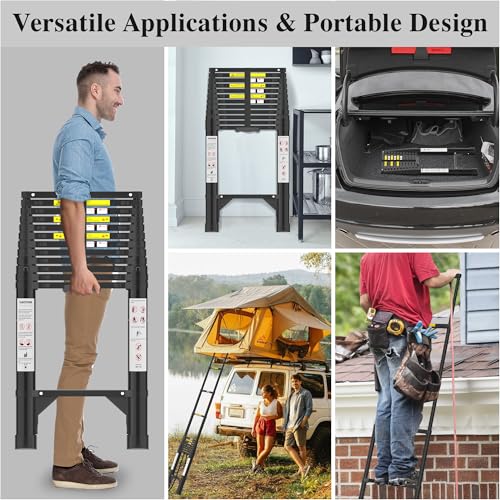 Image of Telescoping Ladder, 16.5 FT 330 Lbs Aluminum Extension Ladder, Black | Telescopic, Collapsible & Adjustable, Compact Retractable Ladder for House, Roof, RV & Travel Trailer