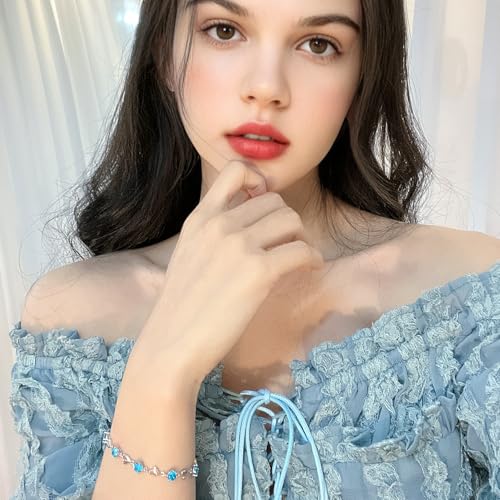 Image of Qlady Heart Link Bracelet for Women, Sterling Silver with Blue Crystal, Adjustable Chain Bracelet, Gift for Valentine's Day & Everyday
