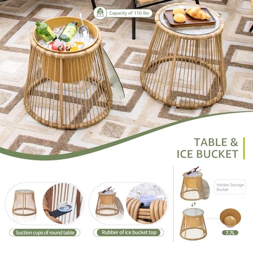 BULEXYARD 7 Pieces Beige Boho Outdoor Patio Furniture Sets with Rocking Papasan Chair, Small Wicker Conversation Sectional Sofa Set with Side Table & Ice Bucket for Backyard, Porch, Deck