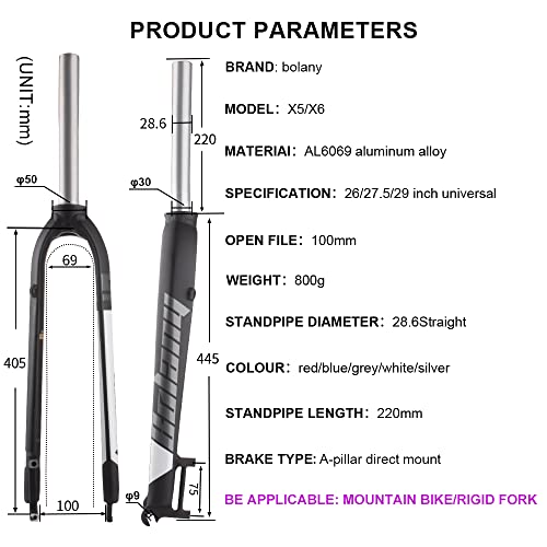 Na [Us Spot] 1-1/8" Full Aluminum Alloy 26/27.5/29" Rigid Disc Brake Mtb Fork, 28.6Mm Threadless Taper Tube Ultra Light Mtb Fork (X6-Black/White) #TOP3