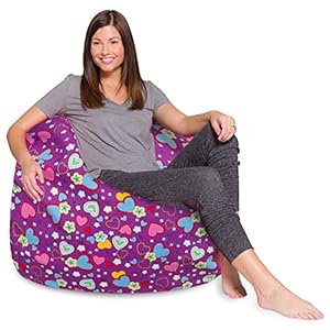 Posh Creations Bean Bag Chair for Kids, Teens, and Adults Includes Removable and Machine Washable Cover, 48in – X-Large, Canvas Multi-Colored Hearts on Purple